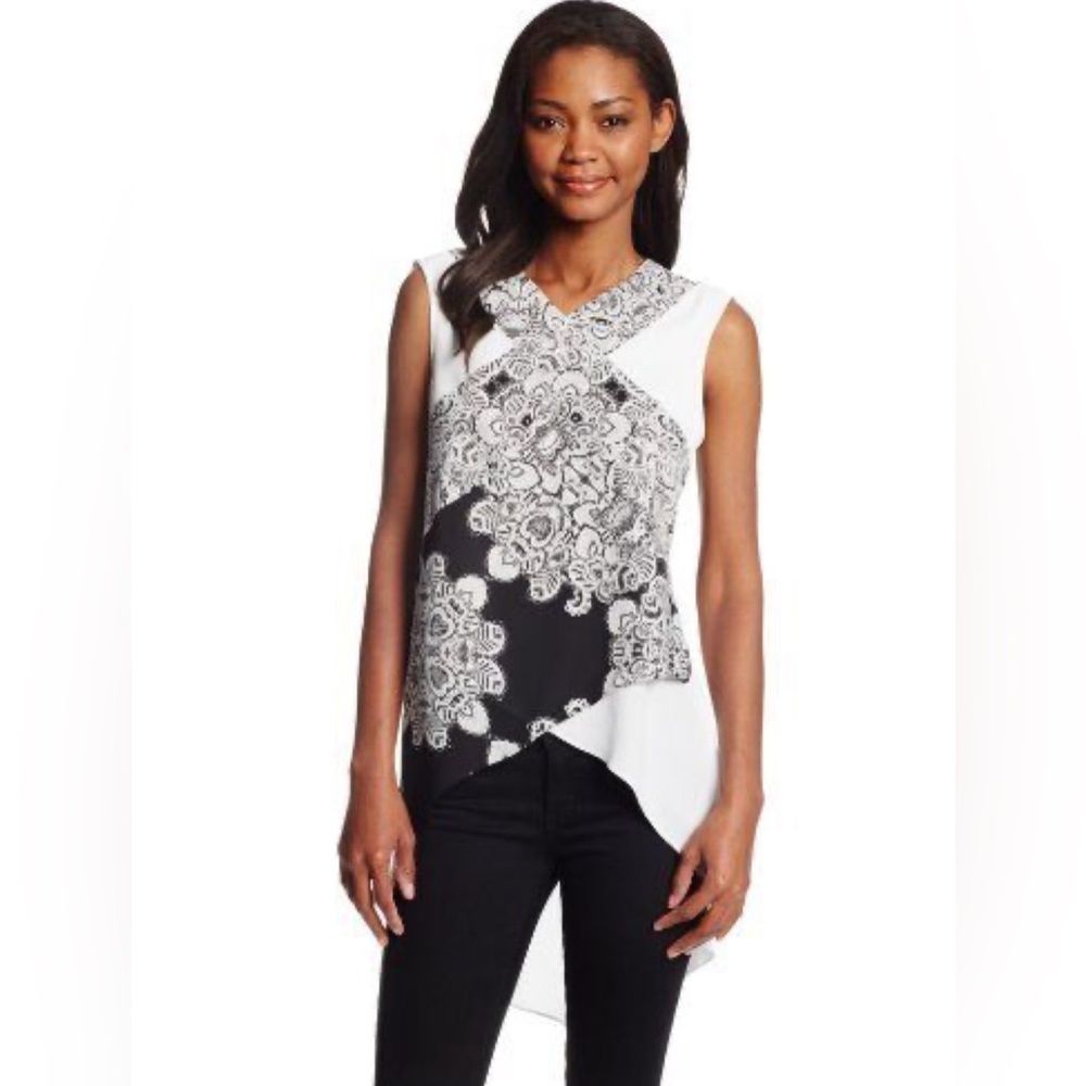 Bcbgmaxazria Black And White Color Block Veronika Print Tunic Blouse Top Size Xs